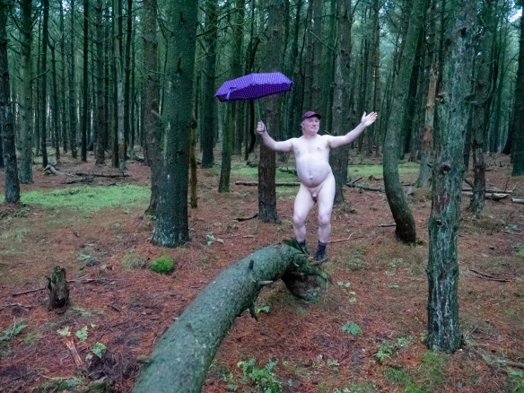 Naked man in the woods with a purple umbrella having fun.